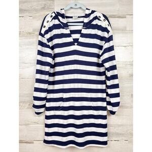 Beach Break Womens M Blue White Stripe Hooded Cover Up Coastal Swim NEW